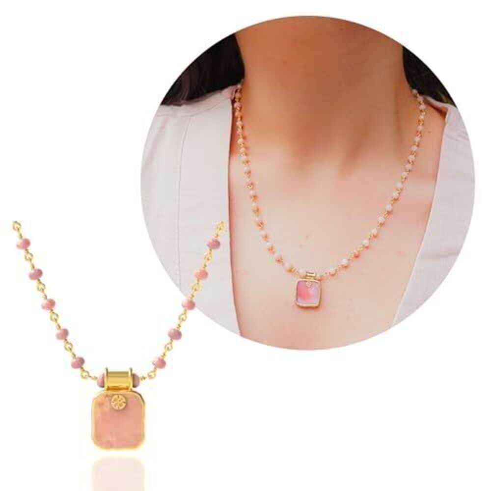 6584 Pink Opal Necklace , Square Premium Gold Beaded Necklaces - Tarnish